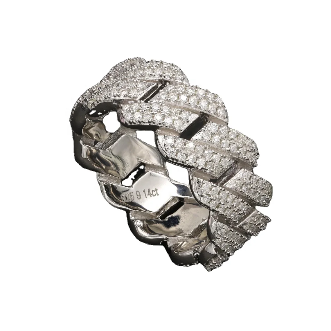 925 Sterling Silver 10mm Moissanite Monaco Cuban Link Hip Hop Ring Custom Jewelry Men Ring Sterling Silver Baguette  Ring