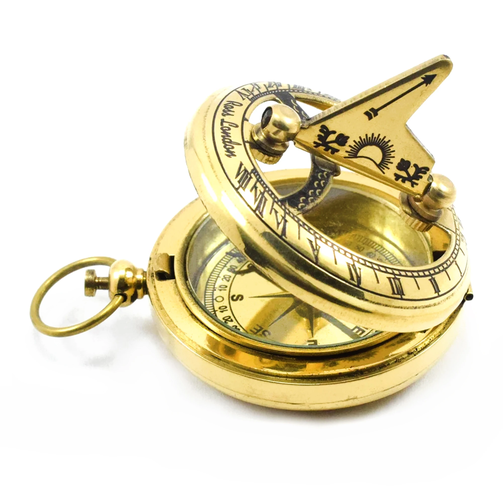 Brass Push Button Sundial Compass sundial pocket nautical brass compass antique style Ross London Direction Compass