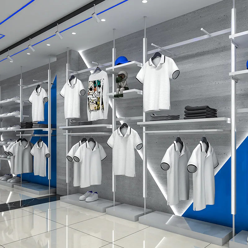 TOP Trendy Retail men Clothes Store Display Rack Custom Boutique Furniture Chic metal Clothing Shop Design for wall-mounted