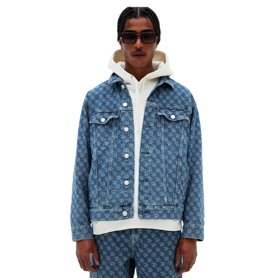 Most Stylish Men Blue Washed Digital Printed Denim Jacket Men Winter Jackets for Sale Customized Denim Jackets