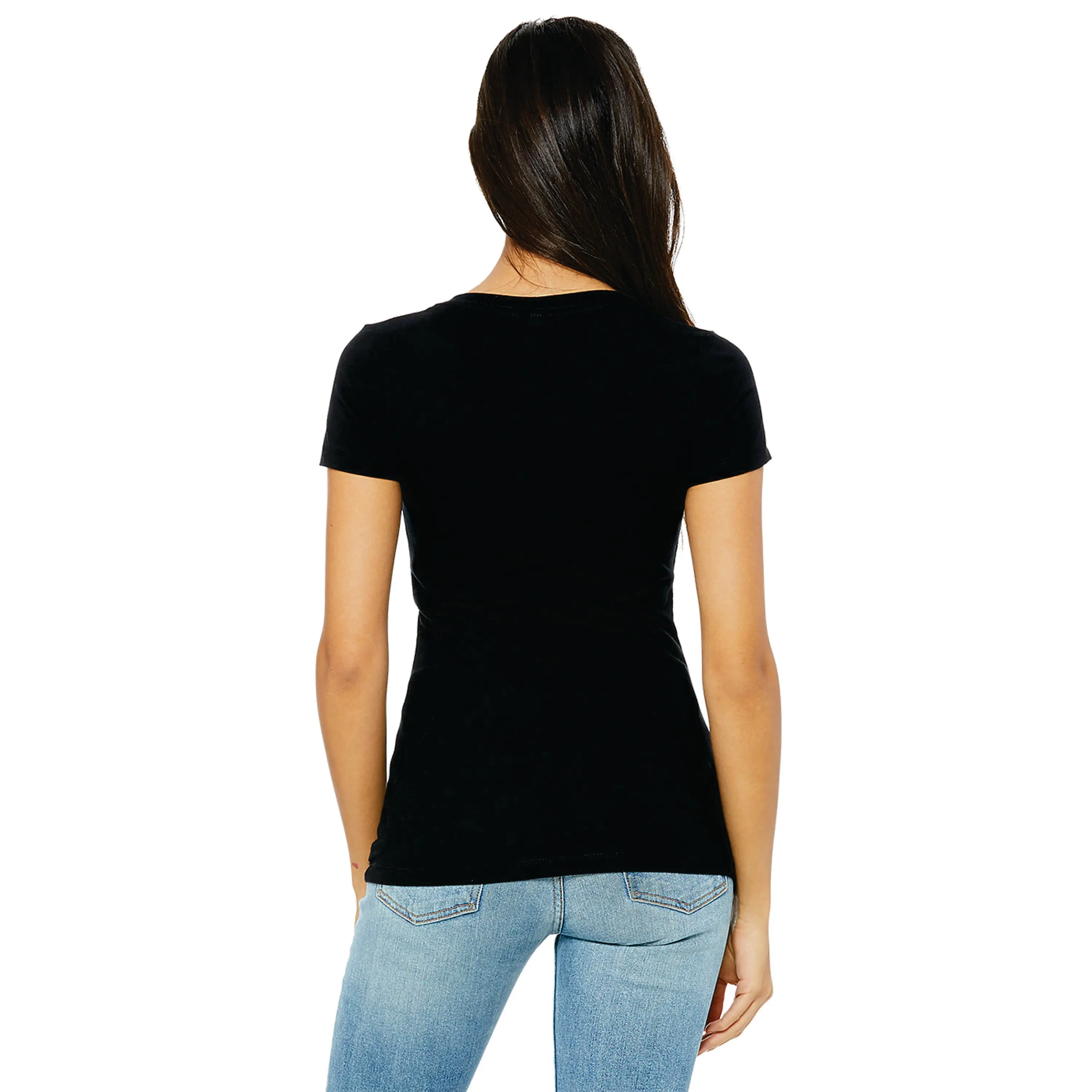 100% Airlume Combed and Ring Spun Cotton 30 Single 4.2 oz Black Womens Jersey Short Sleeve Deep V-Neck T-Shirts