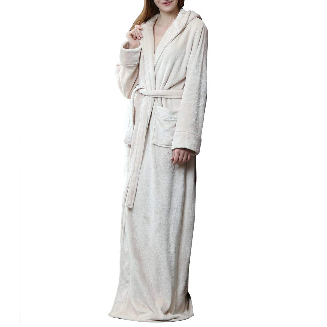 Custom Sumptuously Soft Long Female Bathrobe Luxurious King Size Beige Female Bathrobe With Cosy Hood