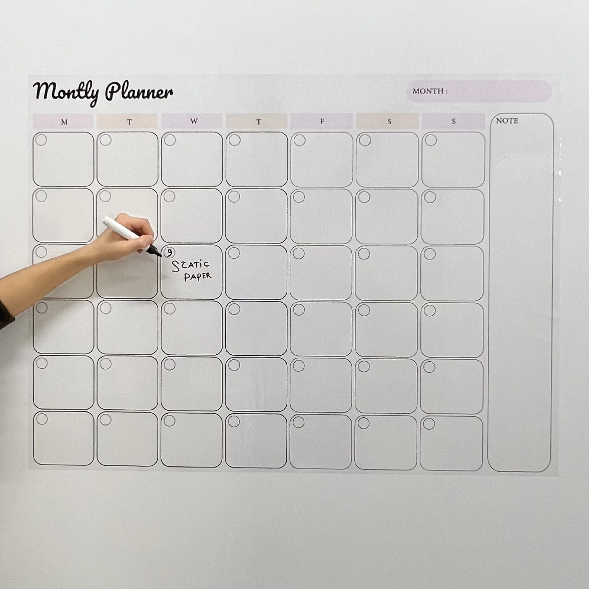 Dry Erase Monthly Planner Organizer Model-1  Reusable Durable Polystyrene Material Holds The Surface With Static Electricity