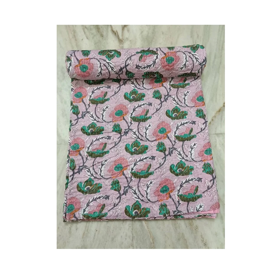 Standard and Smooth Touch Floral Printed Kantha Quilt Stitched Bed sheet for Your Bed from Indian Supplier of Cotton Blankets