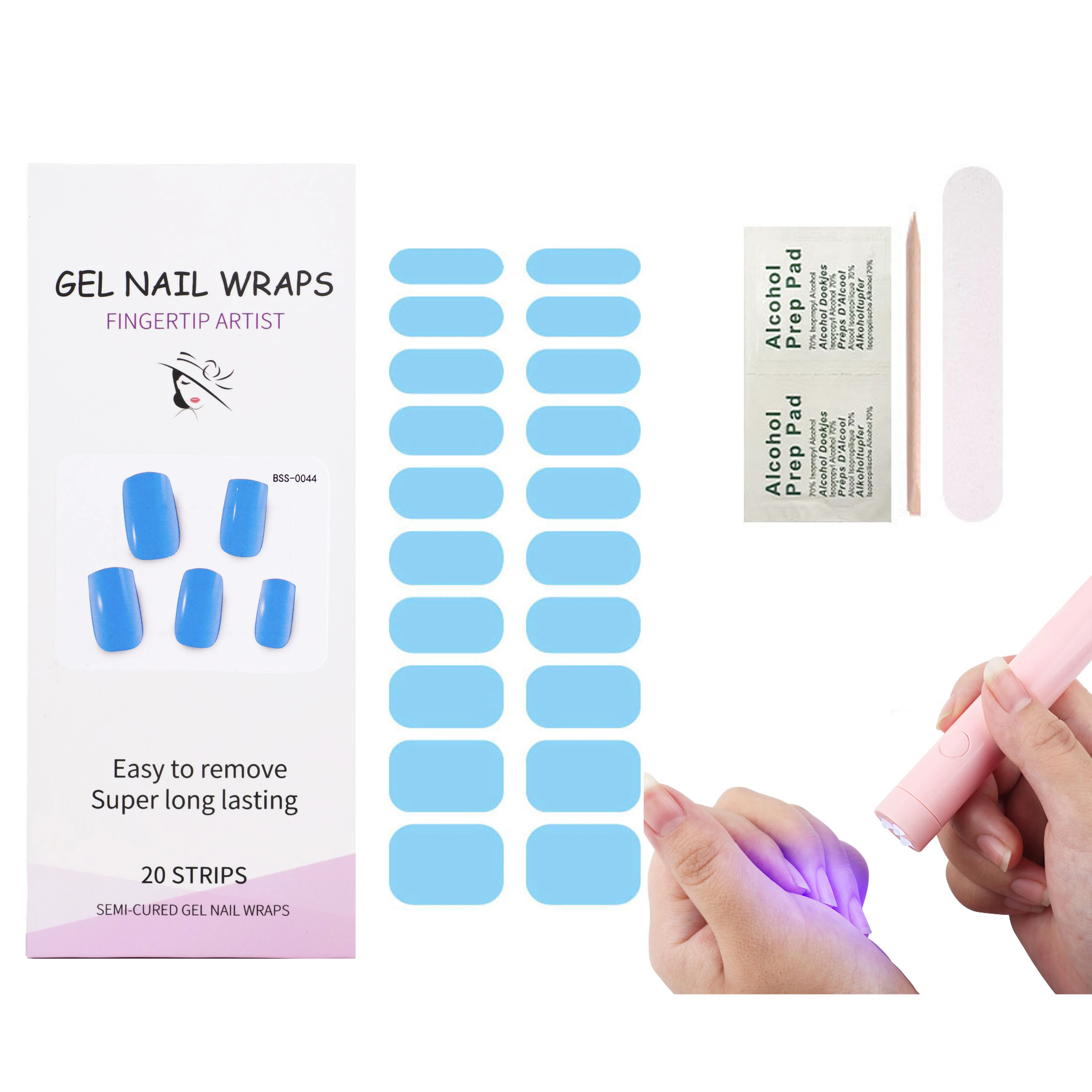 2023 New Semi Cured Gel Nail Wraps Suit with Pen Lamp 20 Stickers UV Gel Nail Wraps Kit