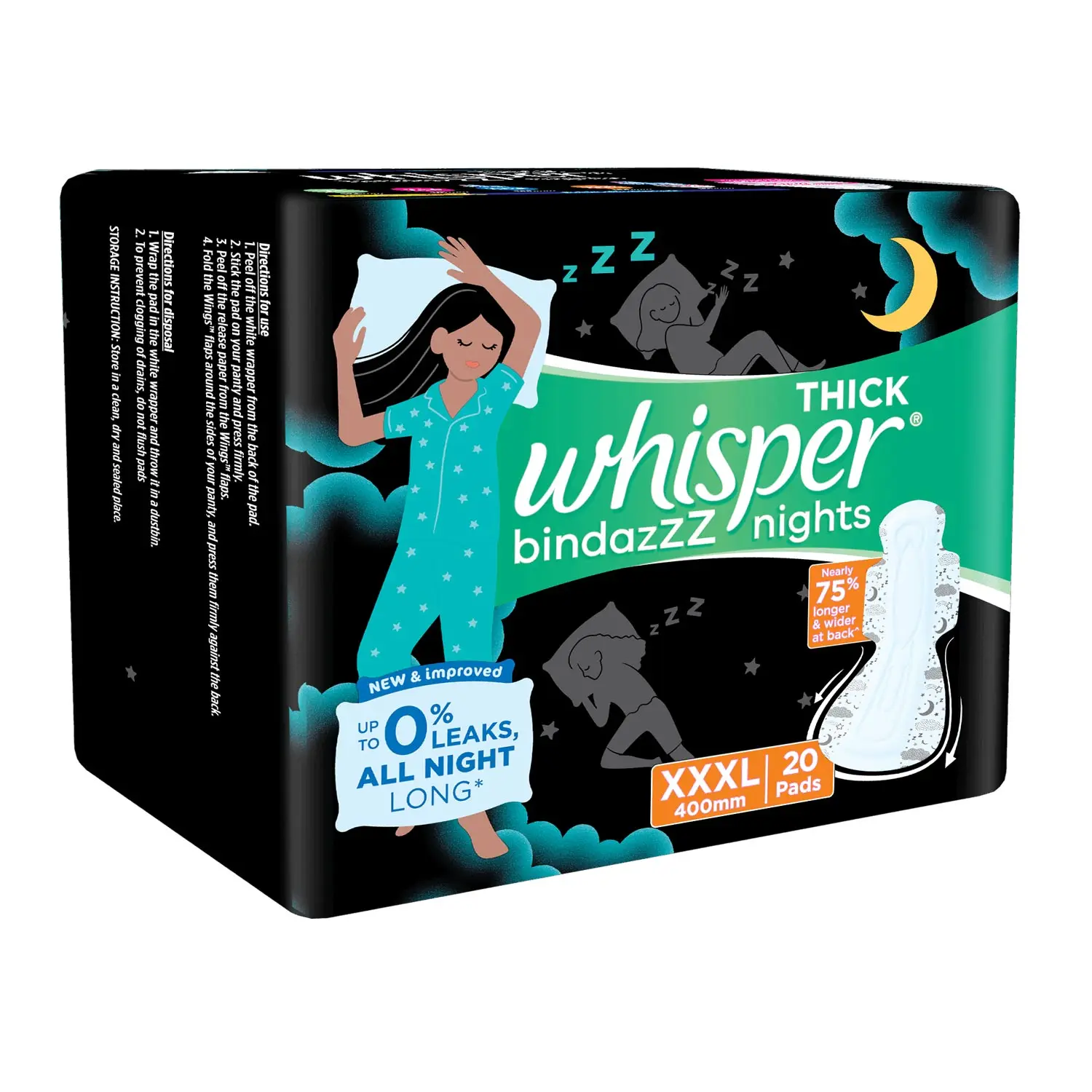 Ночные гигиенические прокладки Whisper Bindazzz | Толстые XXXL Протечки до 0% Подходят для интенсивного потока 75% более длинная и широкая спина Удобная