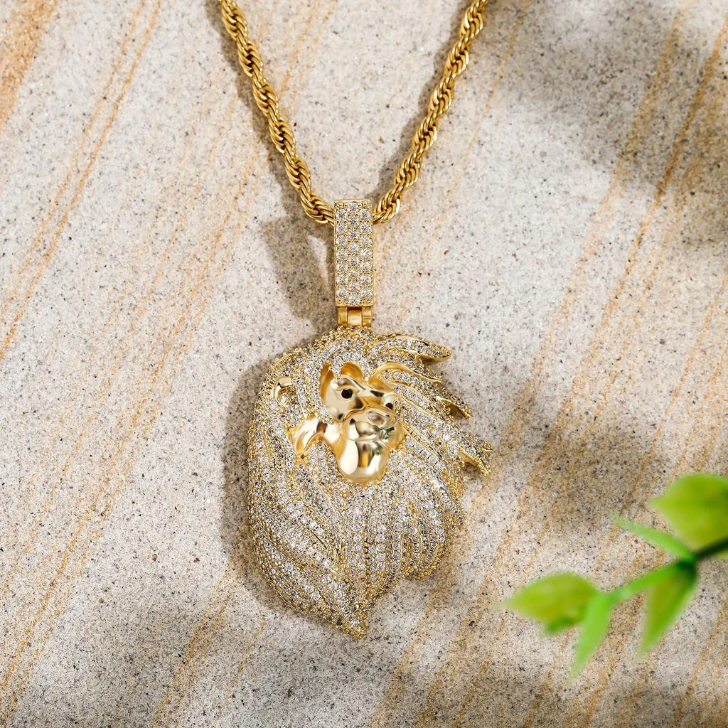 Lion Shape Iced Out Hip Hop Certified Gold Pendant 24 Rope Chain Necklace Jewelry Gift For Your Boyfriend & Friend