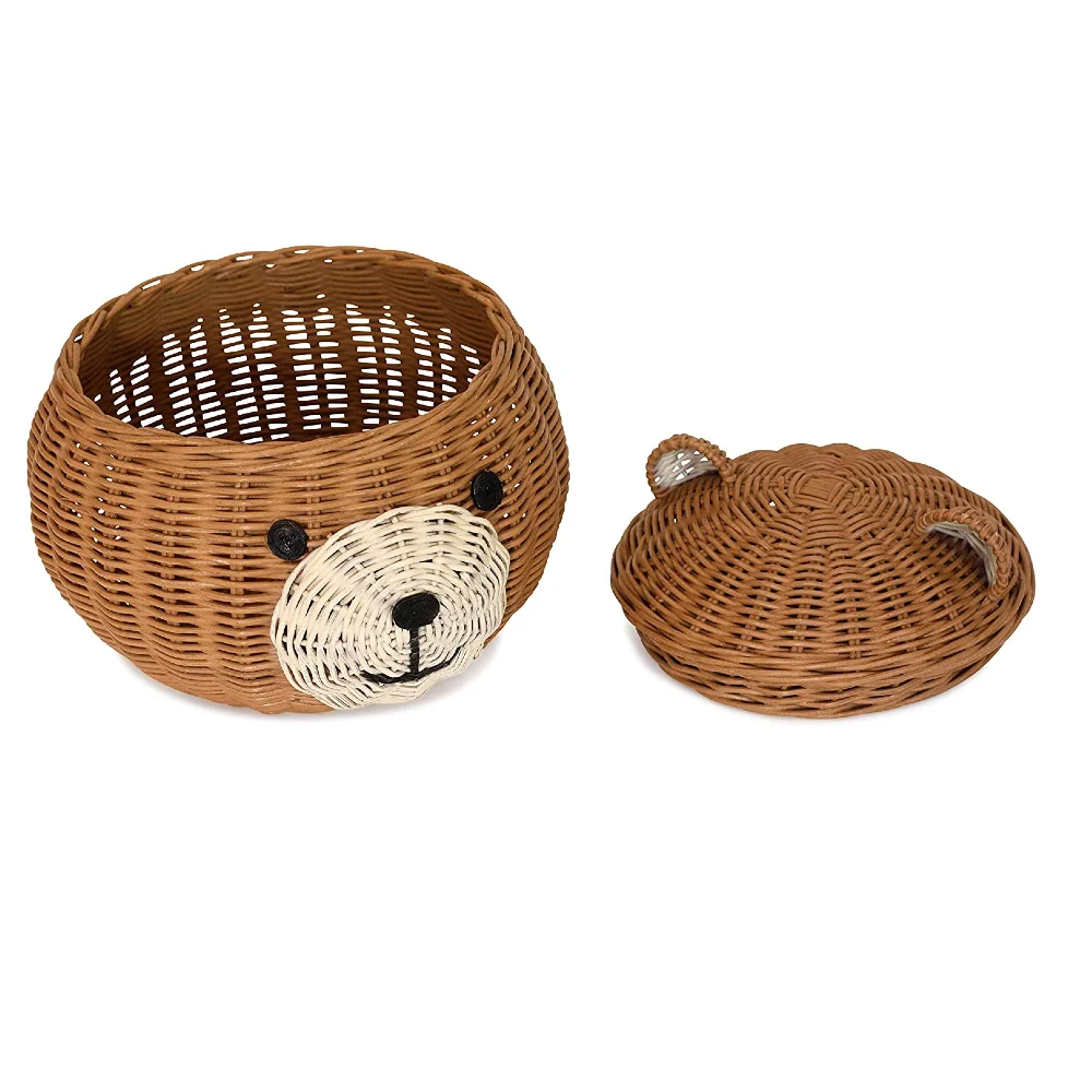 Wholesale high quality handwoven 100% natural cute rattan bear storage basket with lid from VietNam