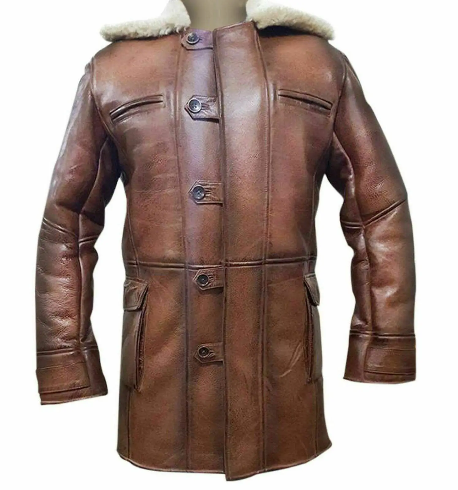 Mens Leather Long Jacket Bane Coat Winter Trench Coat Genuine Lambskin Wool Fur shearling long leather coat