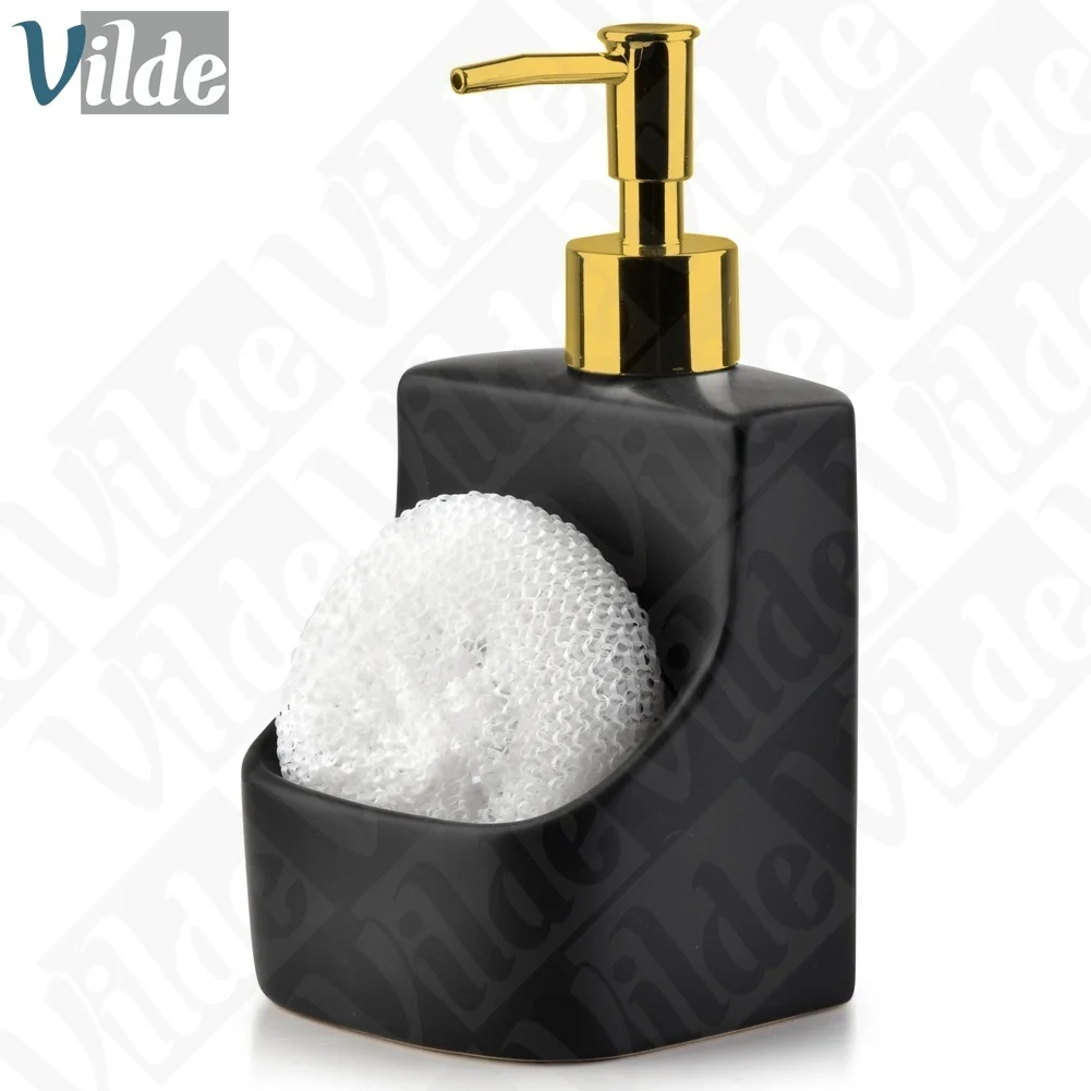 Kitchen Soap Dispenser with sponge container and sponge Ceramic Black 400 ml