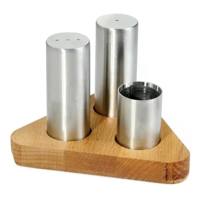 Wood & Stainless Steel Salt n Pepper Set for Dining Table Container with Stand Tableware