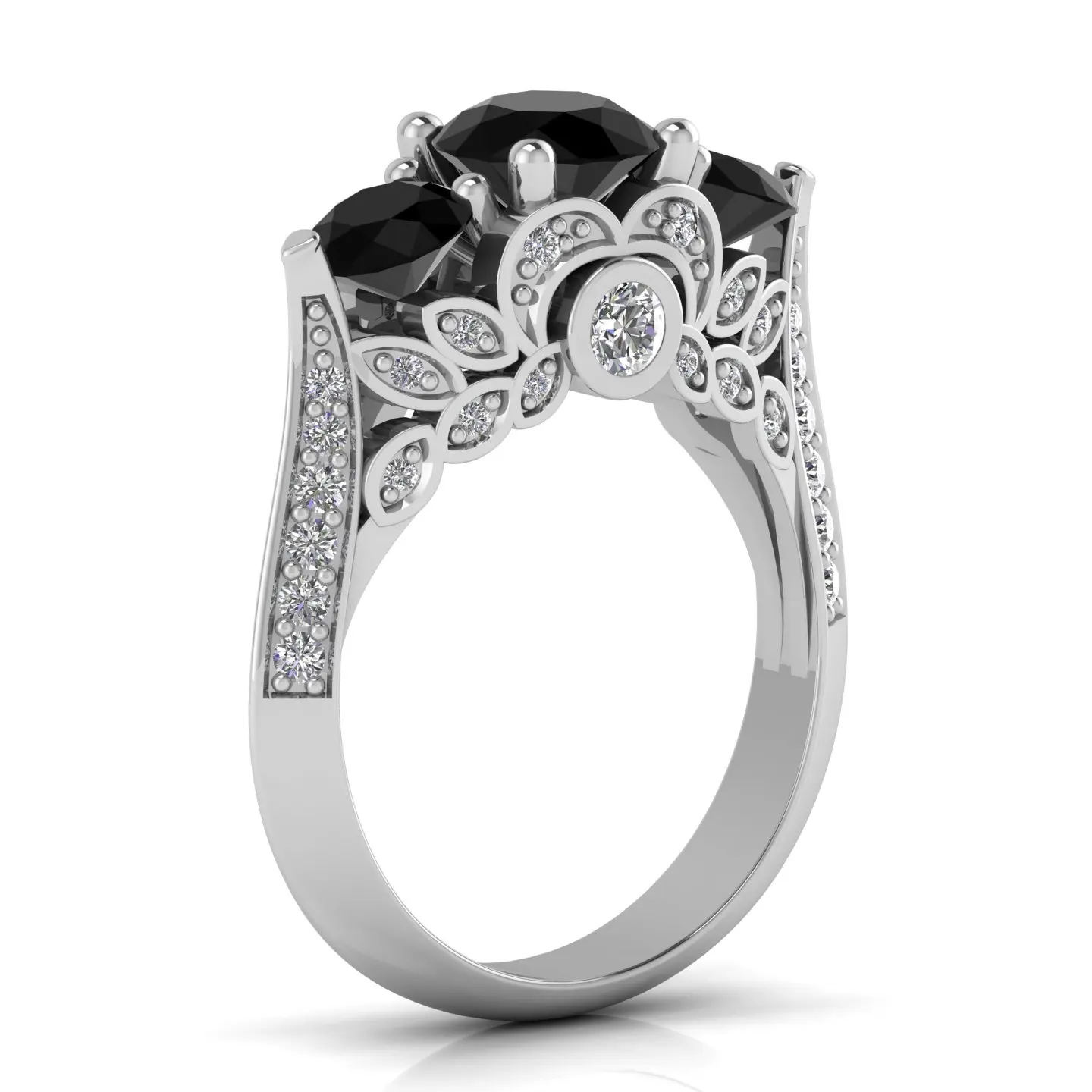 White Gold Ladies ring with Black and white Natural Diamond 14Kt white Gold Wedding Engagement ring Fine Jewelry