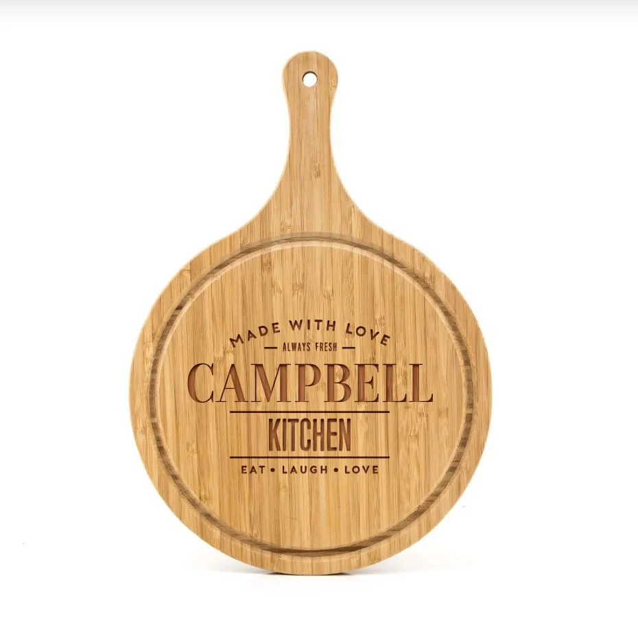 Kitchen Custom Large Meat Vegetables Cheese Charcuterie Pizza Boards Round Bamboo Cutting Board with Juice Groove and Handle