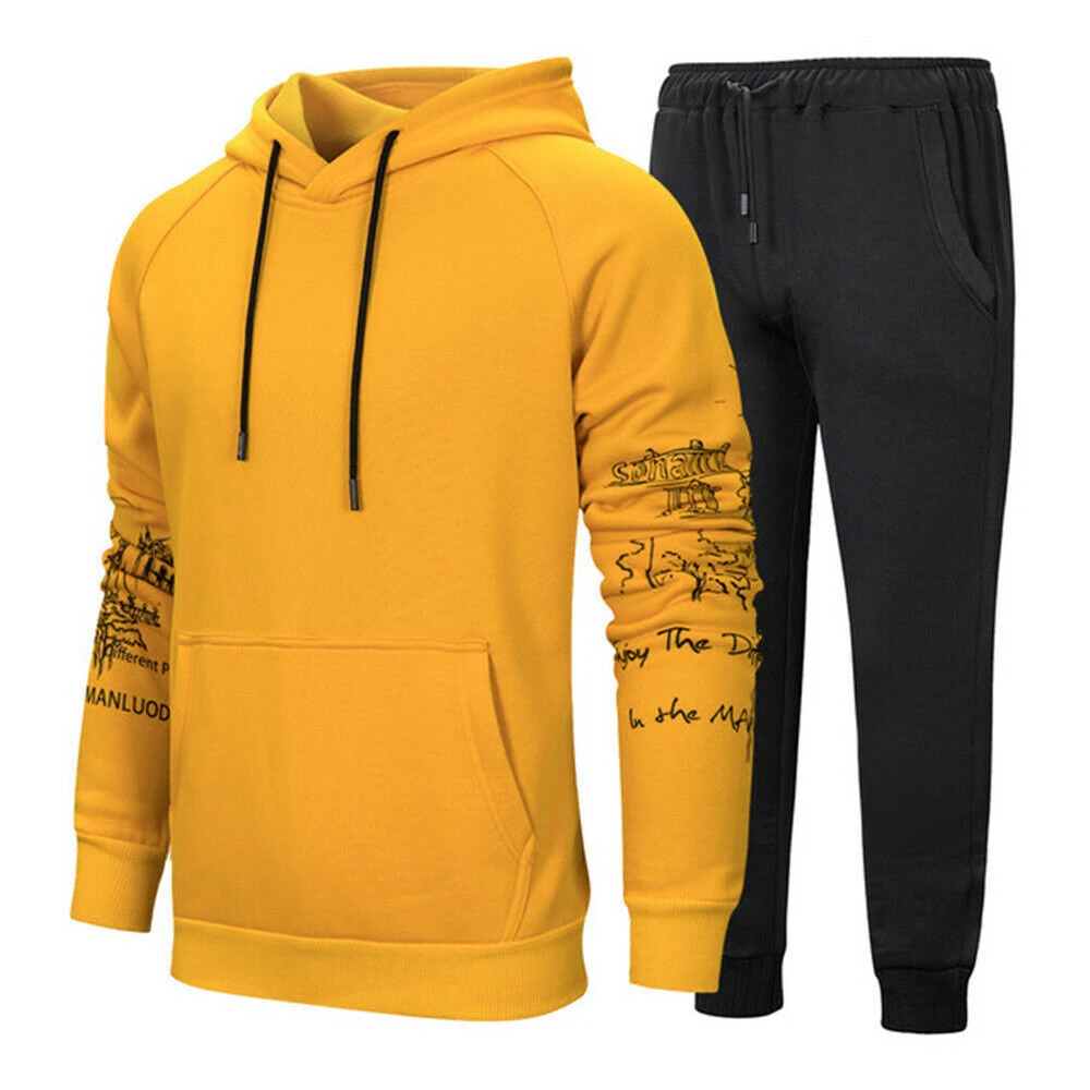 Customized Men Hooded Neckline Tracksuits Jogging Suits 2023 Custom Printing Mustard Color Full Sleeves Men Sweatsuits