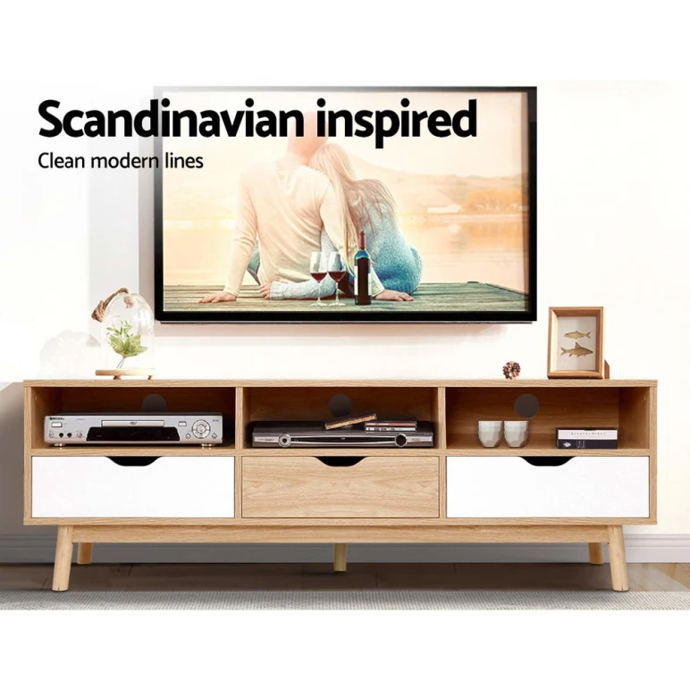 Wholesale scandinavian nordic melamine board wood oak 3 drawer TV media console cabinet living room