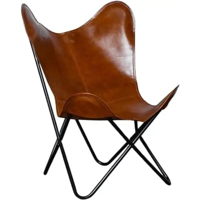 Leather Living Room Butterfly Chair Brown Polo London Leather Butterfly Chair Handmade with Powder Coated Folding Iron Frame
