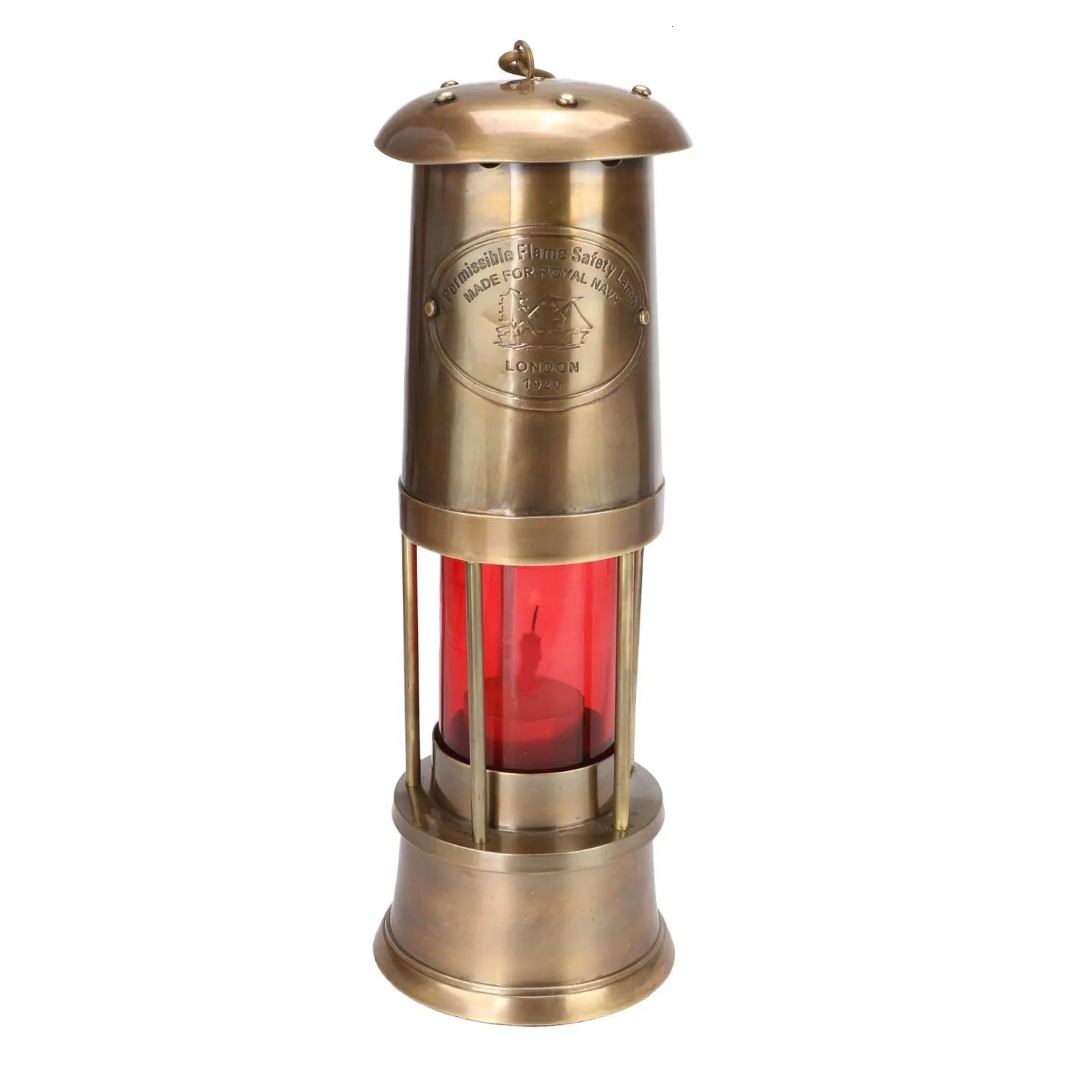 Antique Style Nautical Royal Navy London Portable Hanging Kerosene Oil Lantern Lamp Made of Brass  Red Glass 12 Inches