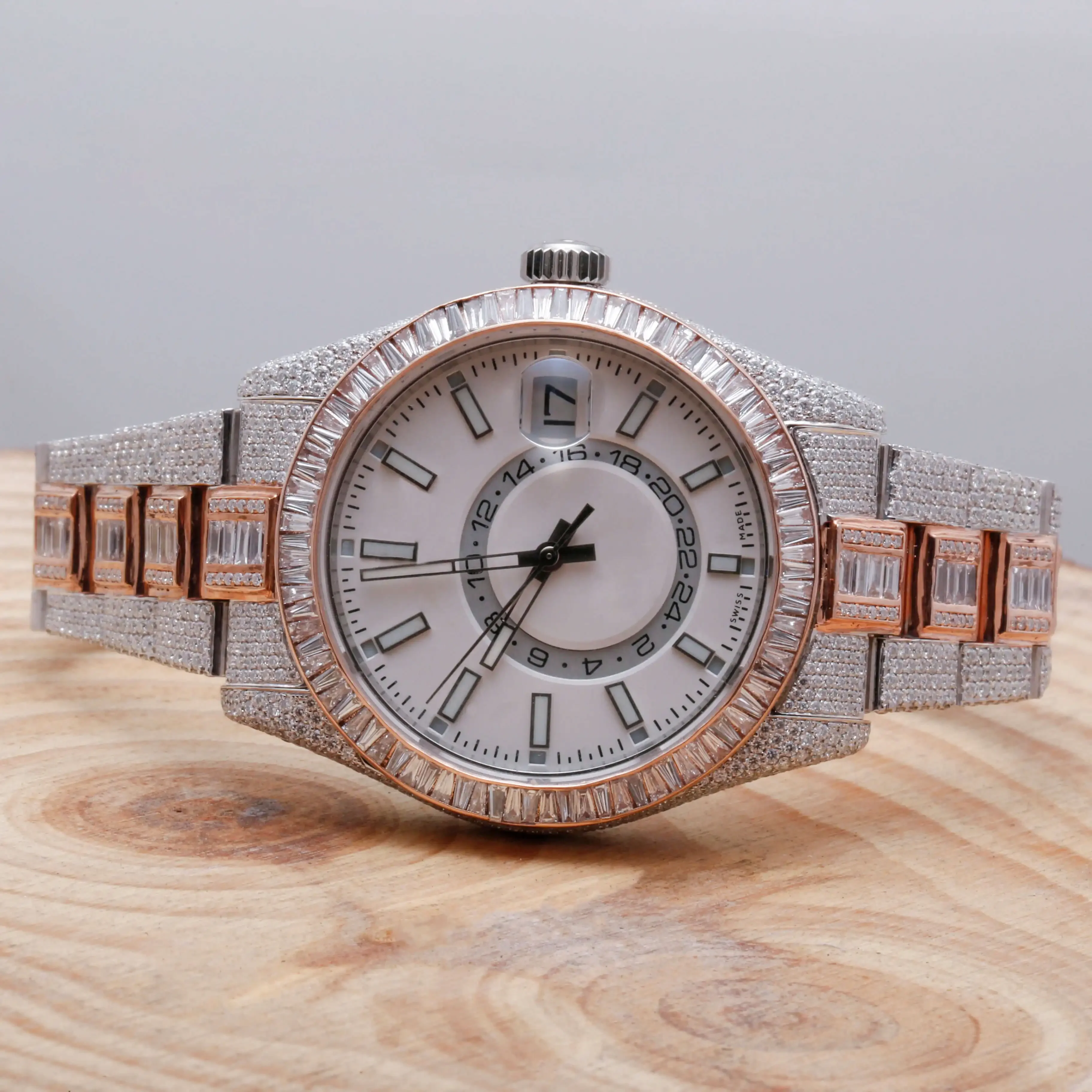 Unisex Mechanical Dial Iced Out Bling Bezel Tester Passed Custom Logo Rose Gold color With Box Moissanite Diamond Wrist Watch