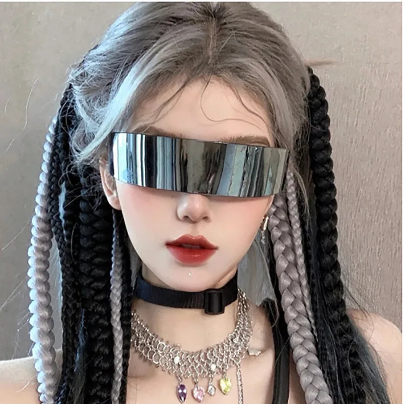Wholesale Men Women Futuristic Party Glasses One Piece Wrap Around Silver Mirror Sunglasses Cyberpunk Goggles