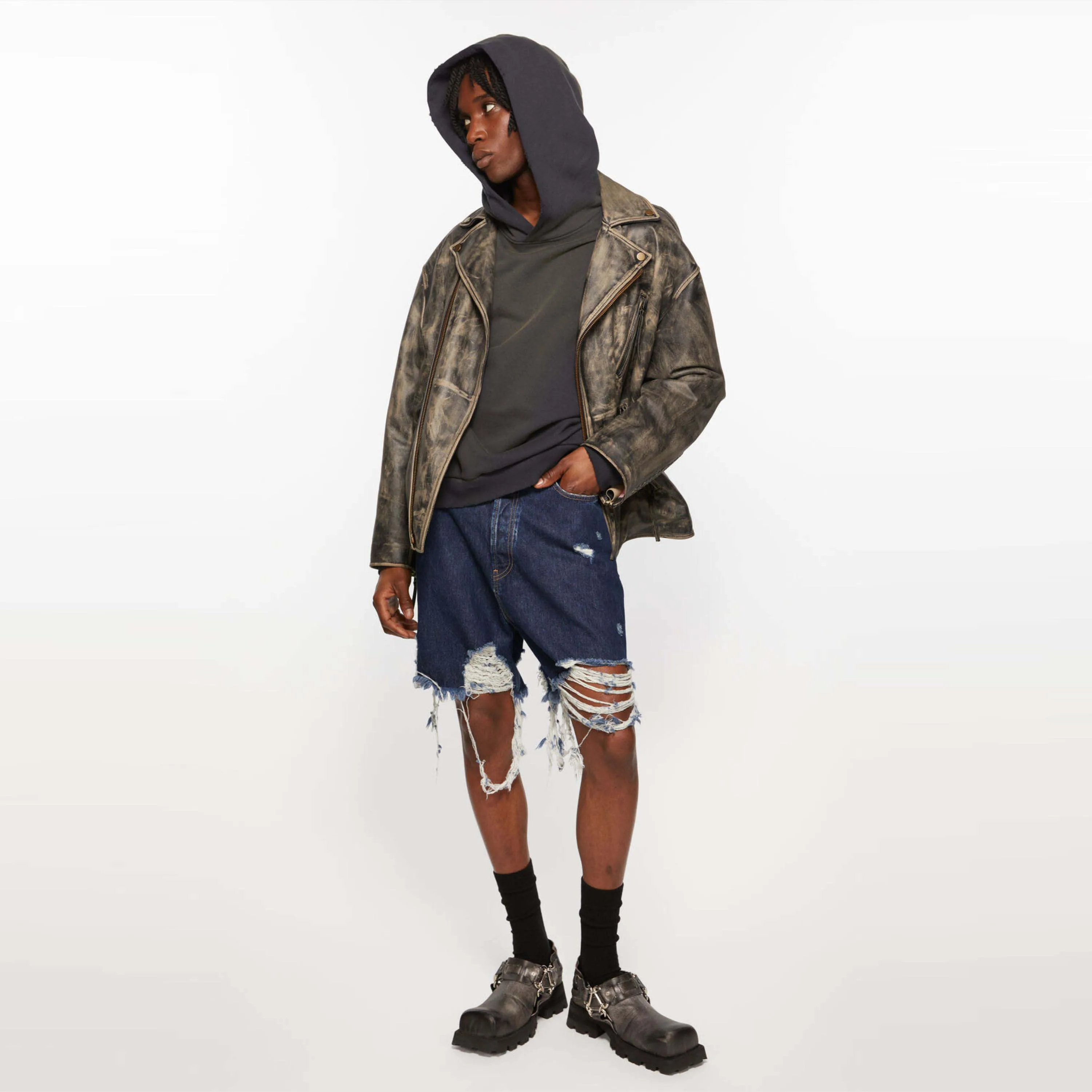 Distressed Denim Shorts - Super Baggy Fit, Mid Waist, Wide Leg, and Knee Length with Leather Patch Detail