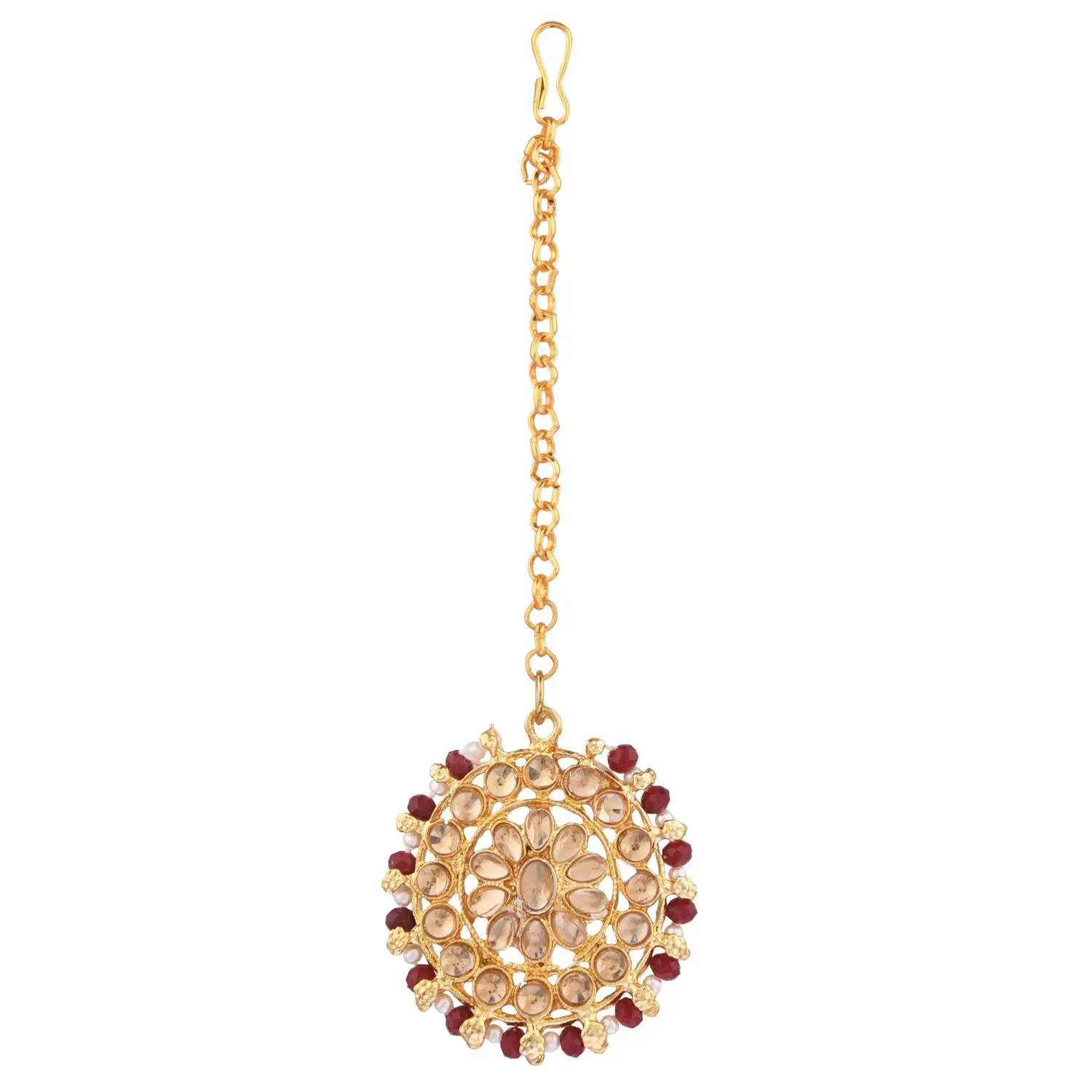 Indian Bridal Choker Necklace Faux Pearl Beaded Crystal Kundan Necklace Earrings Mang Tikka Set, Maroon