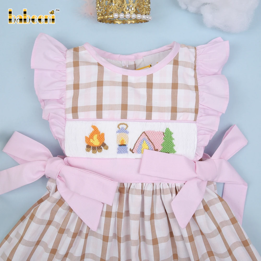 Camping hand smocked plaid dress ODM customized hand made embroidery wholesale smocked dresses - BB2922