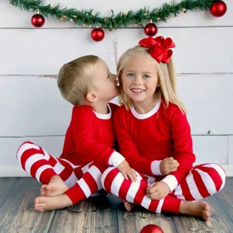 Customizable Christmas series parent-child long-sleeved two-piece pajamas simple solid color red white striped printed pajamas