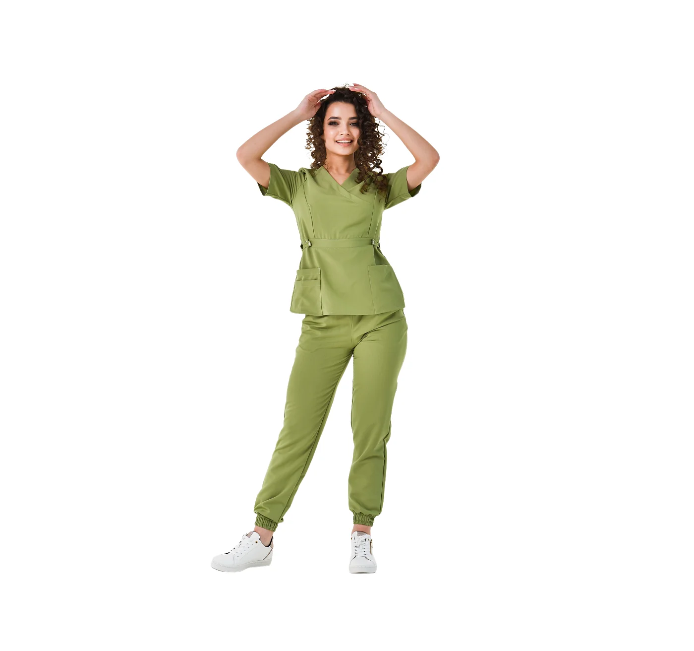 Green Medical Pantsuit With A V-neck Blouse Hospital Uniforms Olive Nurse Scrubs Uniform Sets Short Sleeve Uniform For Women