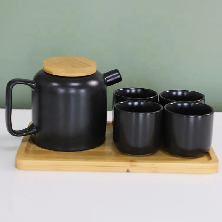 Chinese Porcelain Tea Set, 27oz Teapot With Bamboo Lid 4 Tea Cups & 1 Bamboo Tray Good For Tea Party,Gift, Matte Black And White