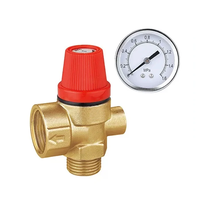 Brass Pressure Safety Relief Valve With pressure gauge for controlling pressure on boilers in heating systems