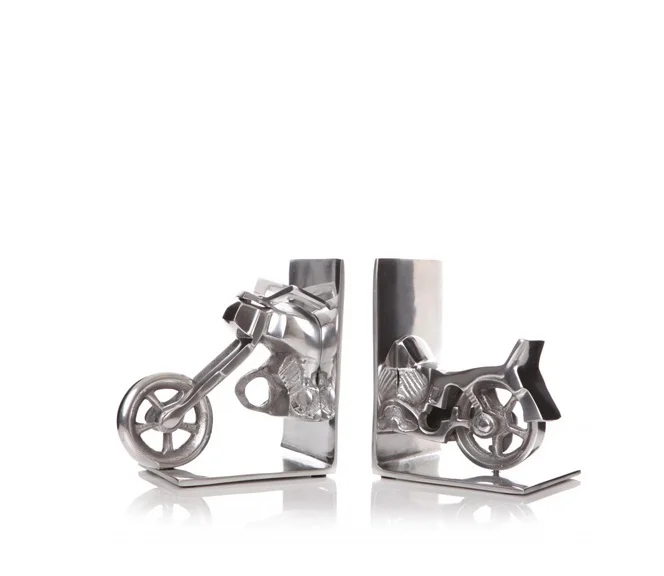 Wholesale Price Home Office Stainless Steel Silver Shinning Metal Bike Style Bookends Collage Books Handmade Metal Bookends