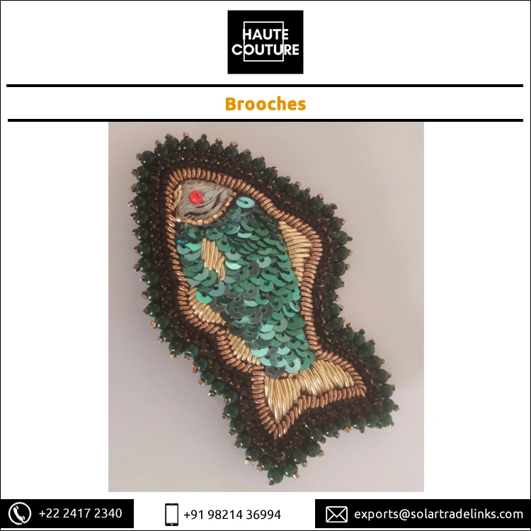 Custom Size Bullion Kora Thread Embroidered Handmade Sequins Miyuki Beads Made Fish Brooch at Reasonable Price