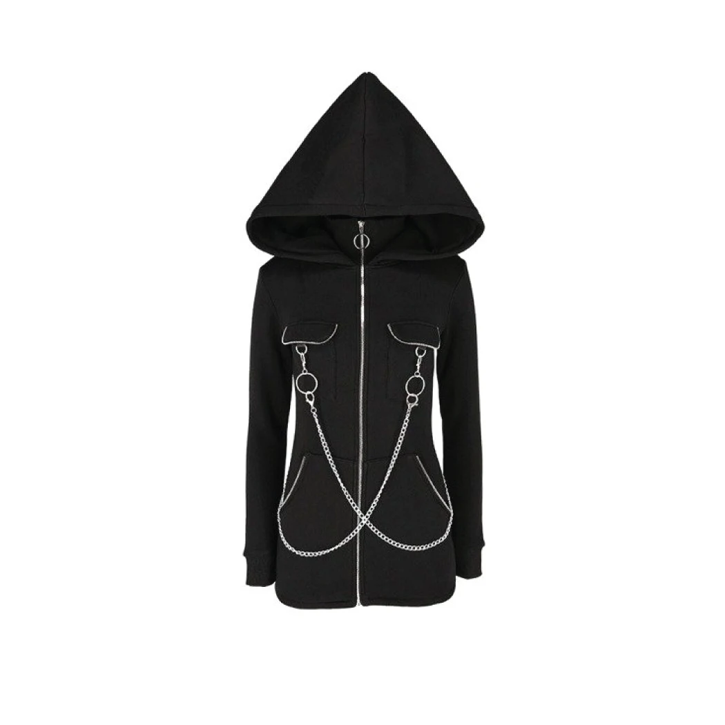 Custom low MOQ Wholesale Women Plus Size long sleeve Gothic Hoodie Pockets Hooded Jacket Winter Coat Dark Tie Zipper Jumper