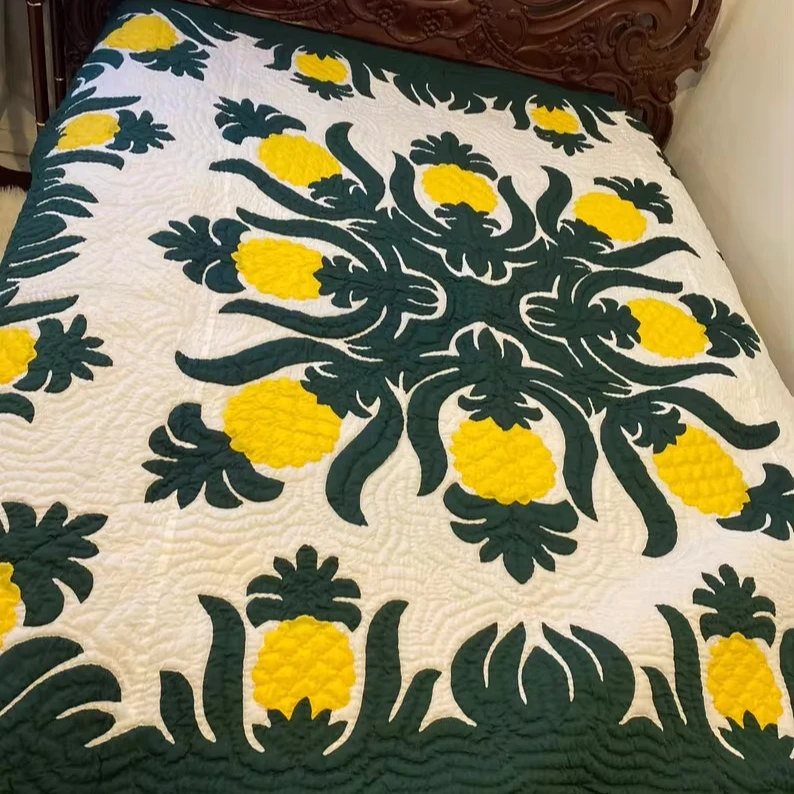 Attractive Cotton  Blankets Hawaiian Handmade  80/80 Hand Embroidered Pineapple Printed Quilted  Quilts Blankets Bedspread1