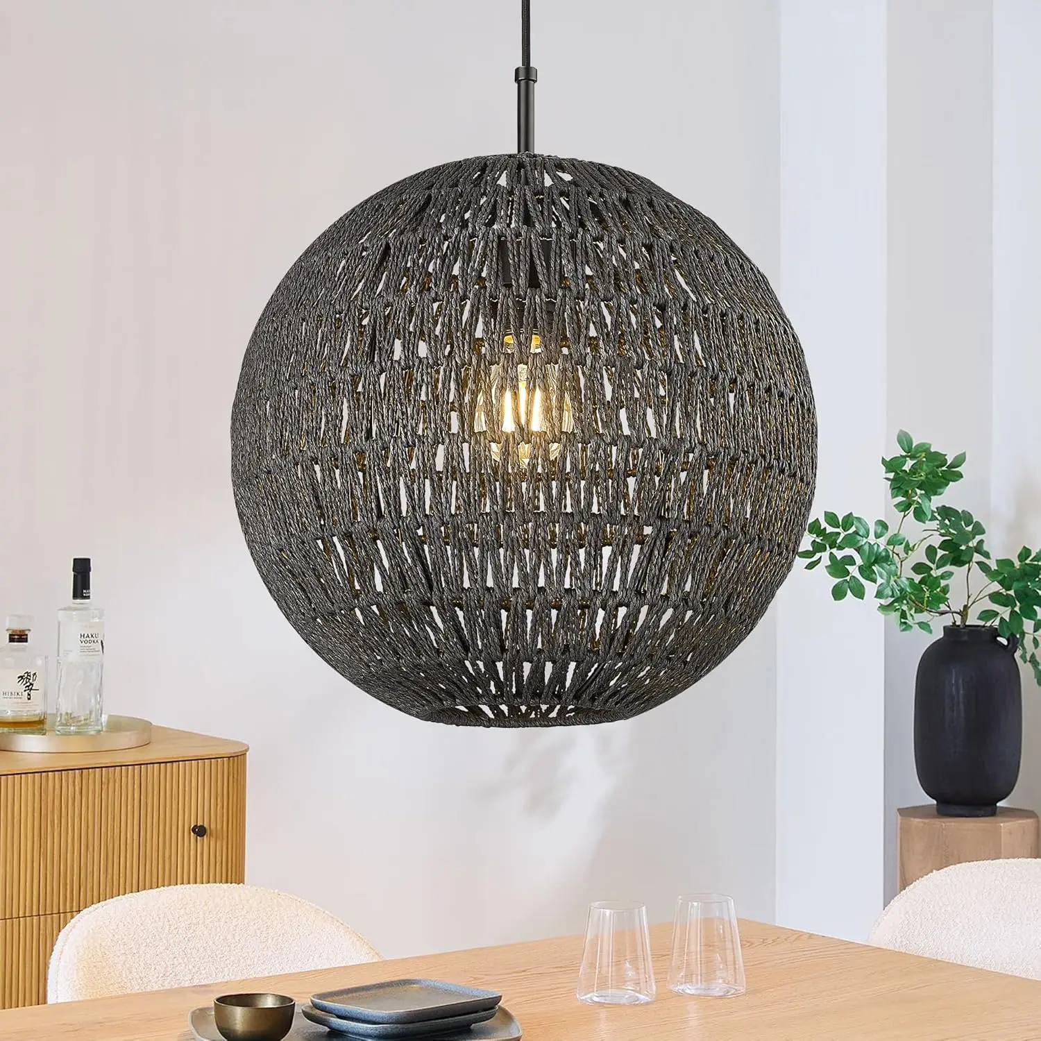 Modern Premium Quality 14 Large Pendant Light Globe Jute Rattan Woven Chandelier for Dining Living Room Metal Ceiling Lamp Hotel