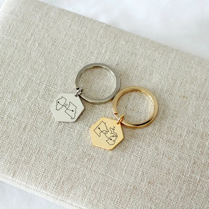 2023 Fashion Jewelry Stainless Steel State Keychain Custom Long Distance Relationship Best Friend Engrave Key Ring Keychain
