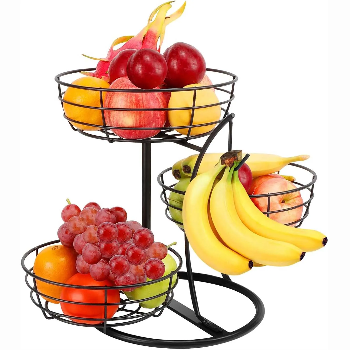 Heavy Duty Manufactured in India Modern Household Items Metal Iron Black Powder Coated 3-Tier Fruit Basket Bowl for Countertop
