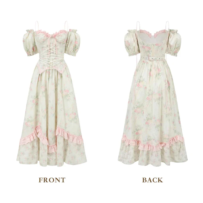 New Design Flower Poetry Pastoral Herringbone Women Daily Causal Dress Retro Pastoral Waistband Fishbone Dress Corset Dress