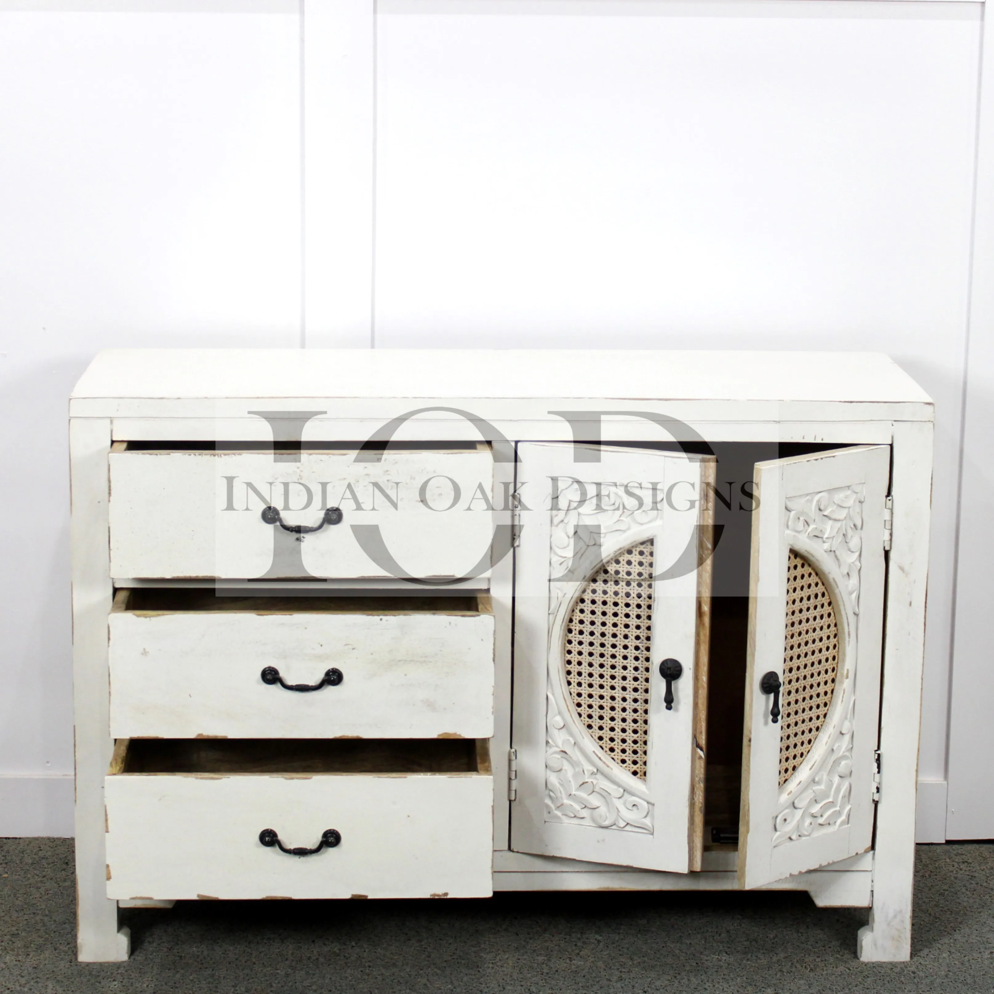 Indian Rattan Distressed Shabby Chic Natural Wooden Wicker Handmade Hand Carved Rattan Storage Cabinet Dresser Buffet Cupboard