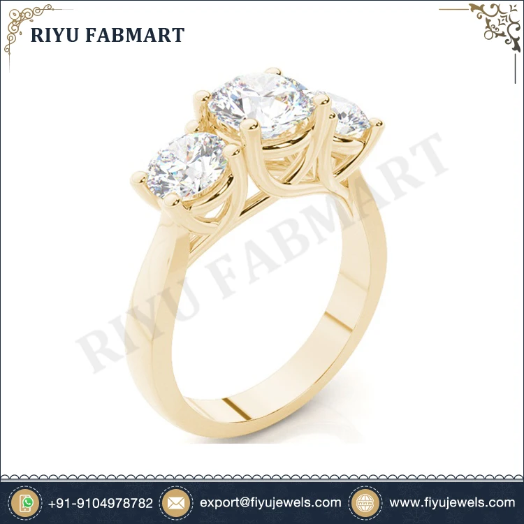 Beautiful Design 18k Gold Round Brilliant Cut Diamond Three Stone Ring Real White Diamond Ring with Freshwater Pearl
