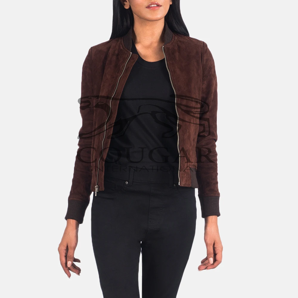 Bliss Brown Suede Leather Bomber Jacket Woman Stylish Leather Plus Size Women Leather Jacket By Cougar International
