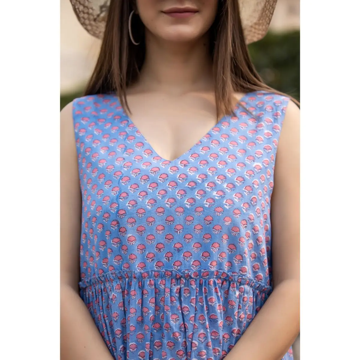 Beautiful  Cotton Hand Block Printed Women sleeveless Dress Light Weight Beach Wear Floral Printed Dress