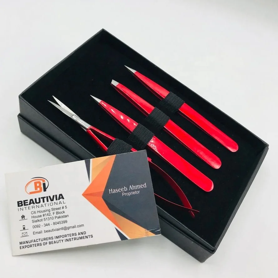 Red Color Coated Stainless Steel Eyebrow Tweezers Scissor Set Brow Shaping Tweezer Sustainable Beauty Cosmetic Tools