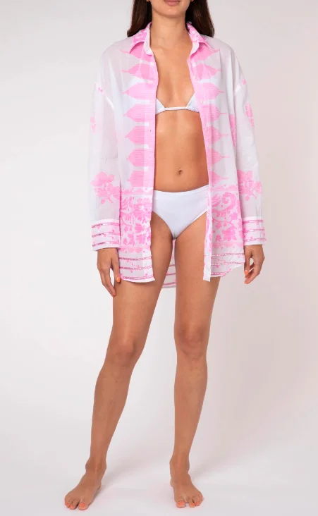 Warmer Weather Women Wardrobe Collection White Shirt In Neon Pink Dhaka Print  Boho Lady Instant Beach Style Coverup Shirt Dress