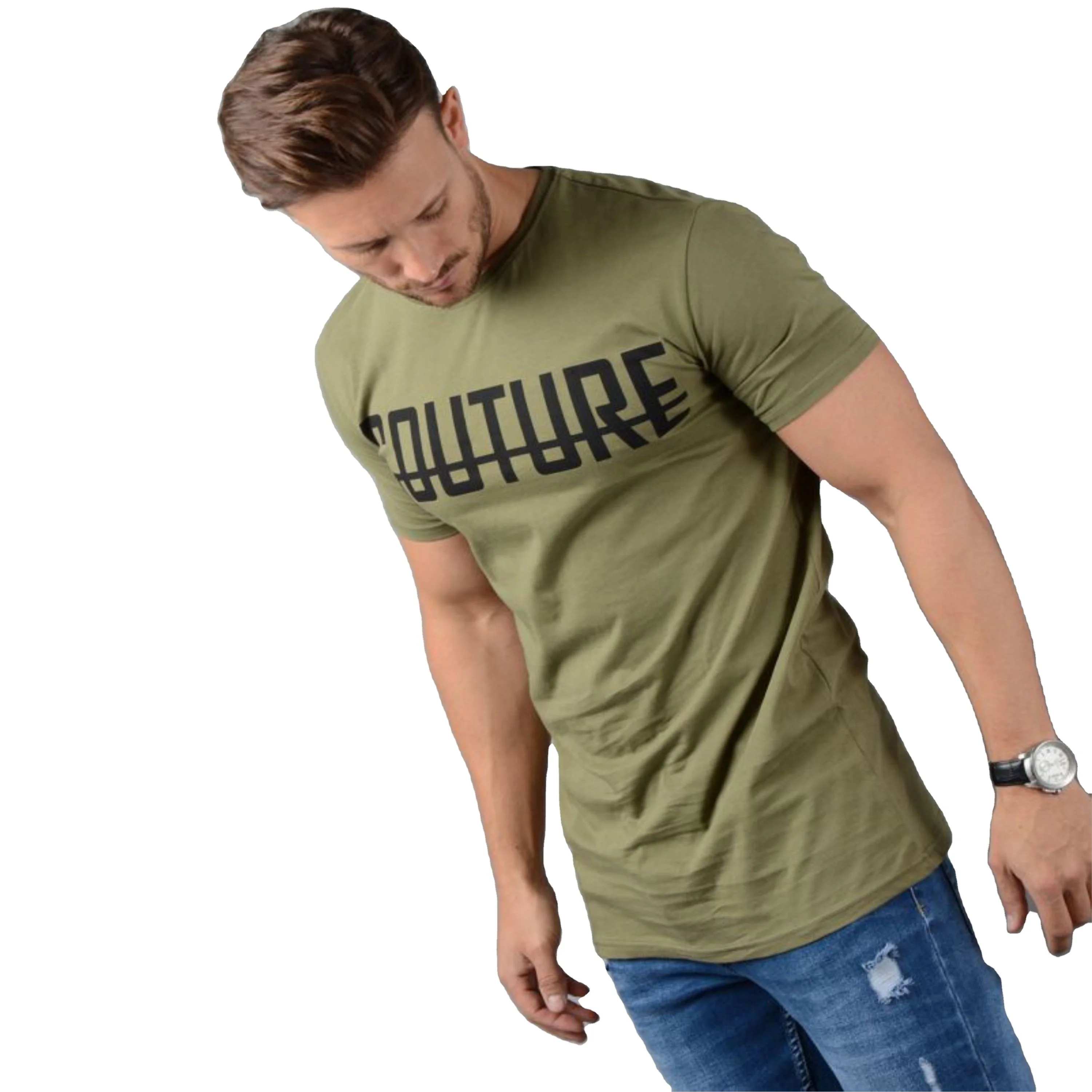 Wholesale Mens Fashion Breathable Plain Longline T-Shirt Khaki/Army Green T Shirt Factory Price Manufacturer