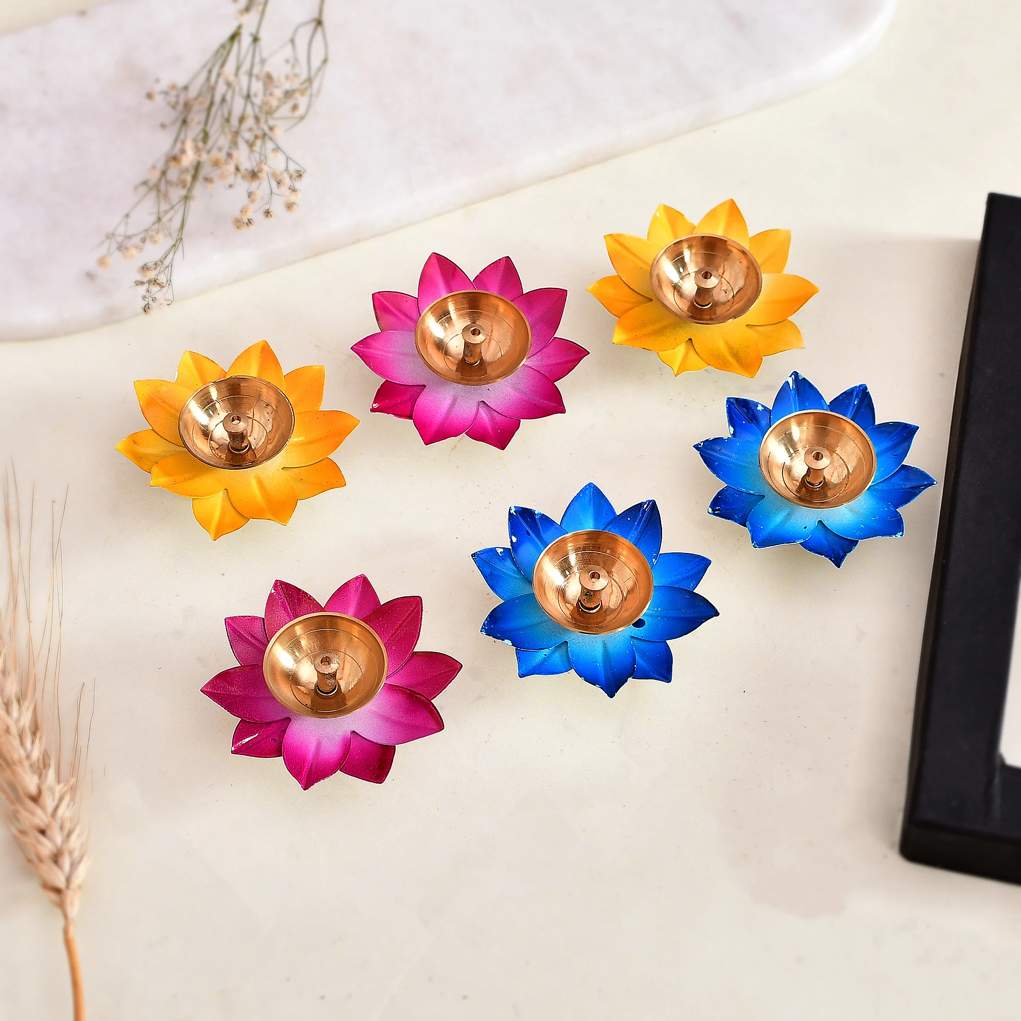 Round Diwali Decorative Brass Lotus Diyas for Home Handcrafted Flower Shape Tealight Candle Holder Decor Bowl