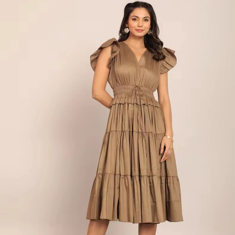 Wholesale Solid Khaki Green Bust Fitted Skater Midi Dress Beautiful Dress For Women One Piece Available At Affordable Price