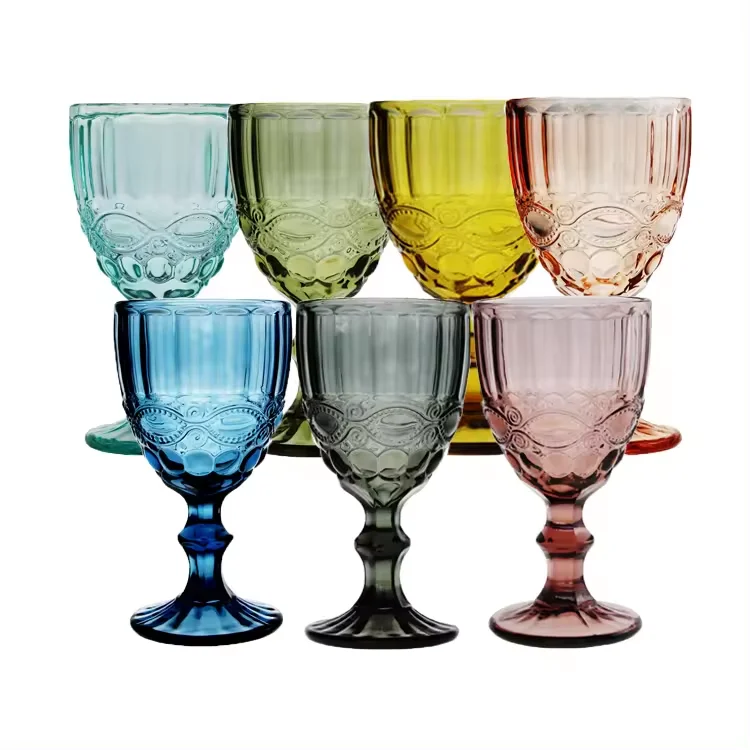 Raymond Embossed Stained glass Wine Glass Thickened Tall Vintage Wine Glass Green Rhomboid Trumpet 240ml 300ml