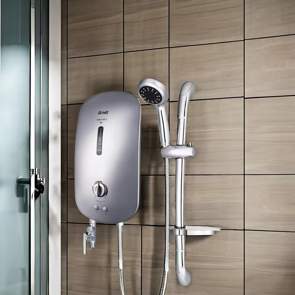 2024 Hot Selling SMART 18E Instant Electric Water Heater Silver Auto Test Rain Shower Household Use 240V Tankless Silver Color