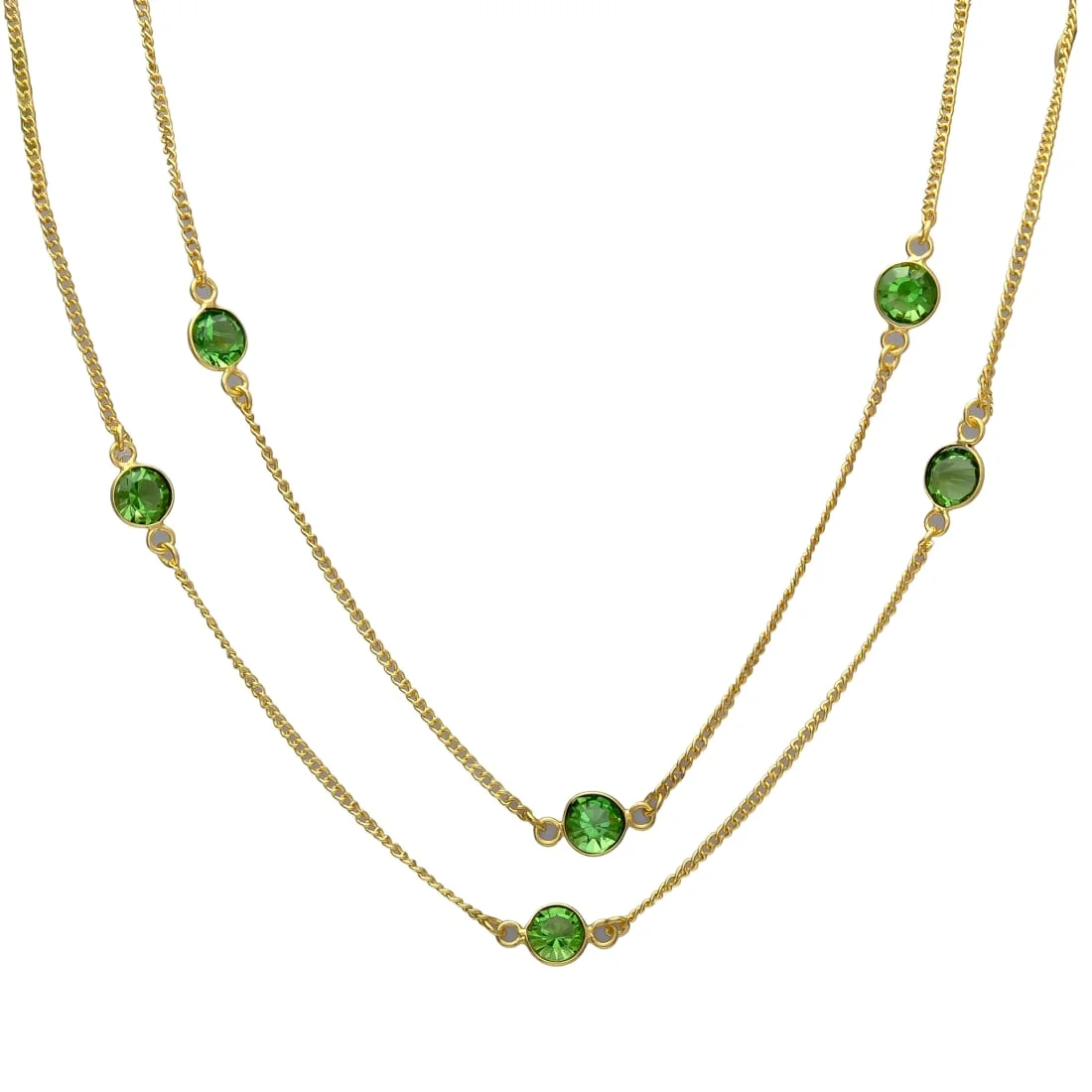 Charming Chain and Green Stoned Double Layered Necklace, A Stunning Accessory with Dual Strand of Beauty